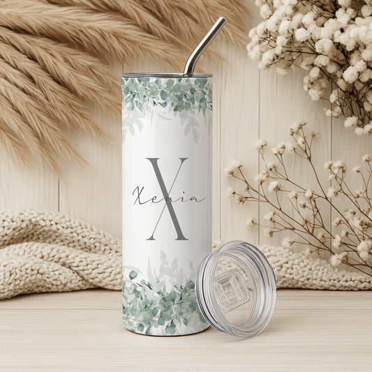 Personalisierter Edelstahl Thermobecher mit Namen & Initialen Eukalyptus Design Kaffeebecher to go mit Strohhalm Geschenk für Frauen Mädchen