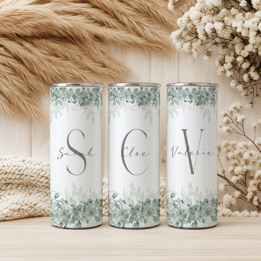 Personalisierter Edelstahl Thermobecher mit Namen & Initialen Eukalyptus Design Kaffeebecher to go mit Strohhalm Geschenk für Frauen Mädchen