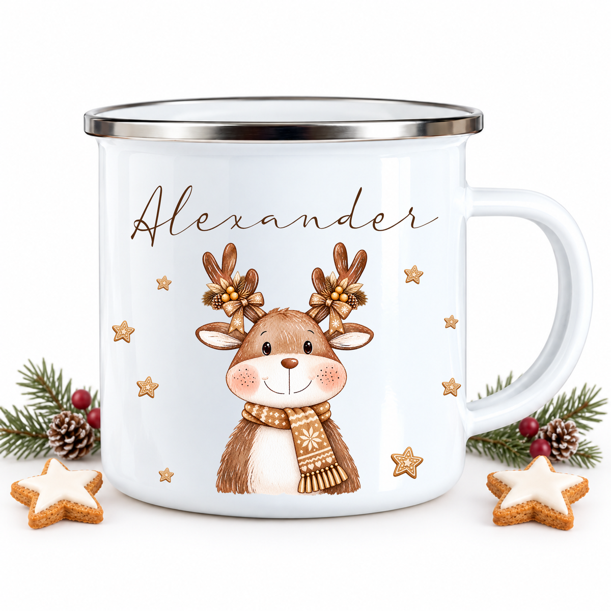 Kindertasse mit Namen Weihnachten, Emaille Tasse personalisiert I Nikolausgeschenk Kinder I Weihnachtstasse Mädchen Jungen I 6 Tiermotive
