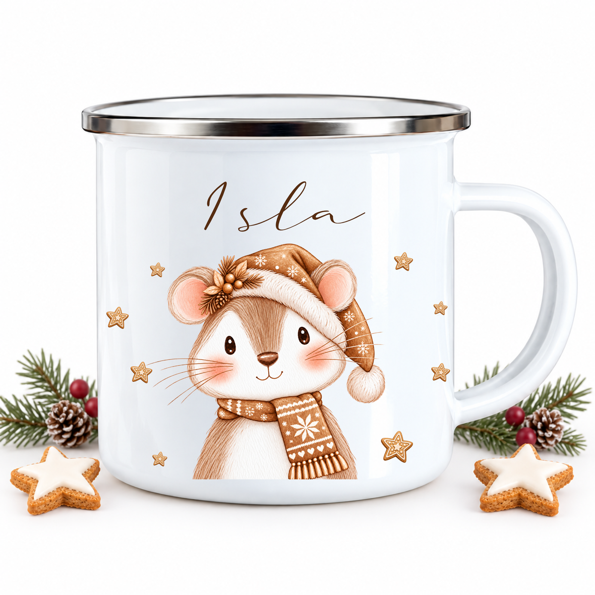 Kindertasse mit Namen Weihnachten, Emaille Tasse personalisiert I Nikolausgeschenk Kinder I Weihnachtstasse Mädchen Jungen I 6 Tiermotive