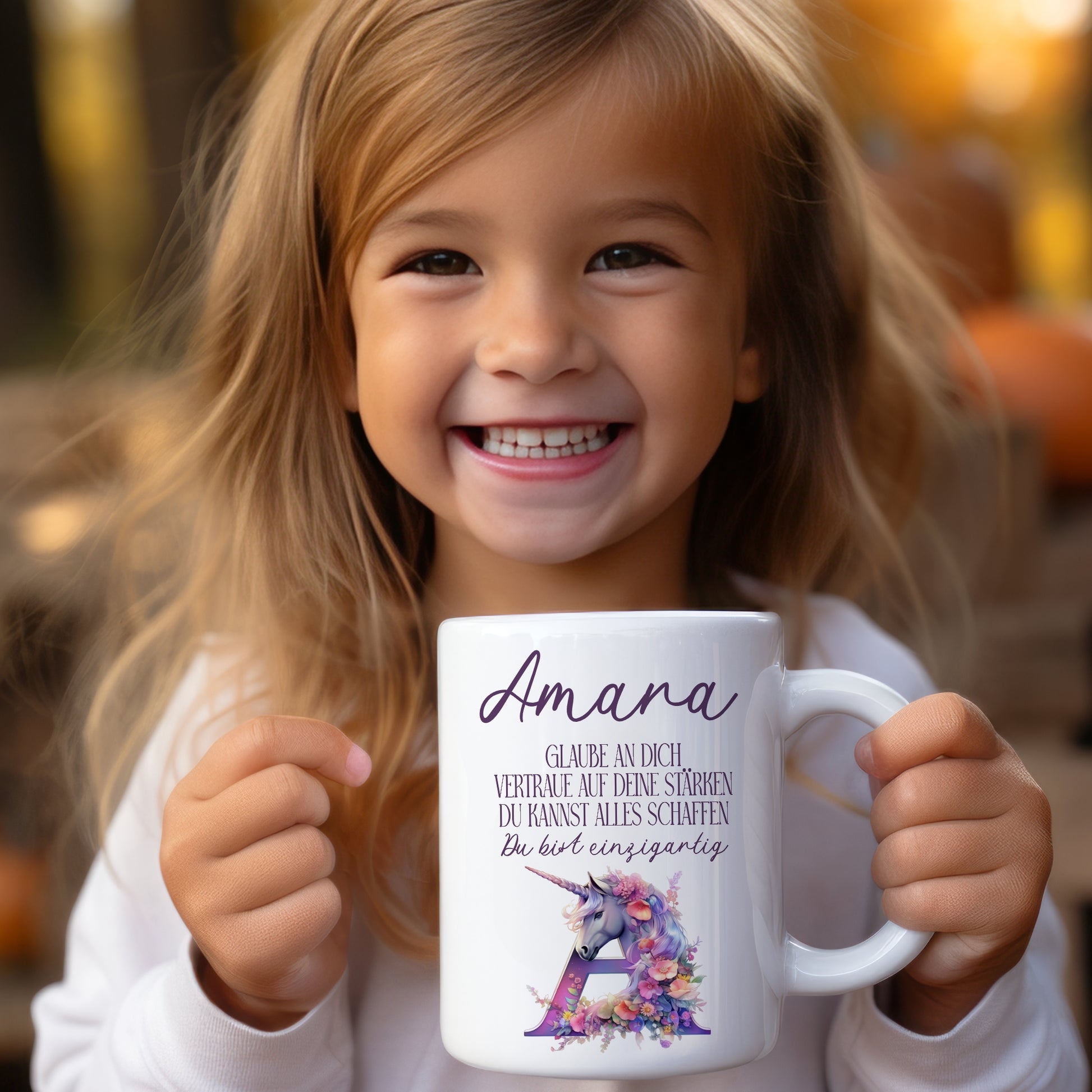 Einhorn Tasse mit Namen und Buchstaben für Mädchen als Geschenk