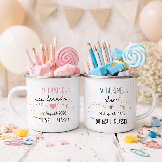 Personalisierte Tasse für das Schulkind | Geschenk für Jungen und Mädchen mit Namen und Datum | 2 Farbvarianten zur Auswahl
