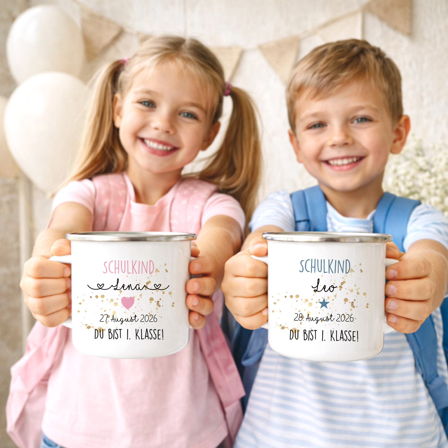 Personalisierte Tasse für das Schulkind | Geschenk für Jungen und Mädchen mit Namen und Datum | 2 Farbvarianten zur Auswahl