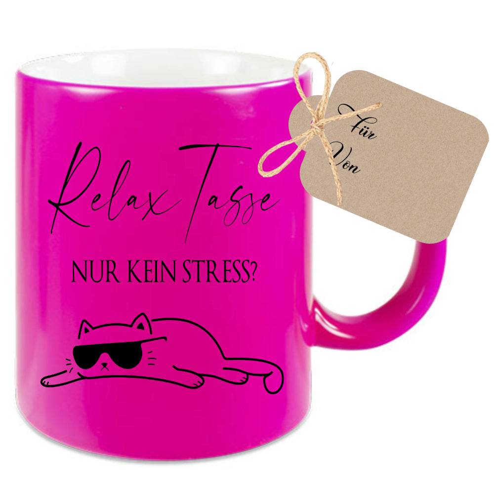 Relax Tasse Nur kein Stress, Katzen Tasse mit Spruch | 4 Tassenfarben zur Auswahl