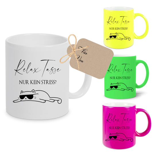 Relax Tasse Nur kein Stress, Katzen Tasse mit Spruch | 4 Tassenfarben zur Auswahl