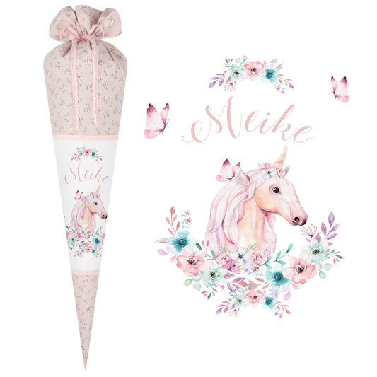 Schultüte "Einhorn" mit Namen handgefertigt | Schöne Stoffschultüte zur Einschulung für Mädchen mit geblümten Stoff | Optional mit Füllkissen und Spitzenschutz