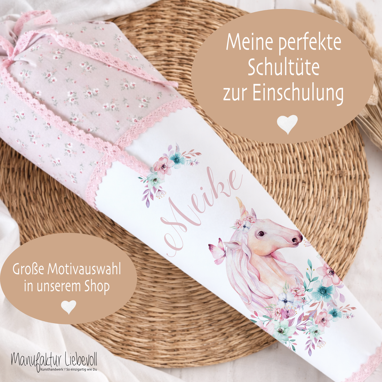 Schultüte "Einhorn" mit Namen handgefertigt | Schöne Stoffschultüte zur Einschulung für Mädchen mit geblümten Stoff | Optional mit Füllkissen und Spitzenschutz