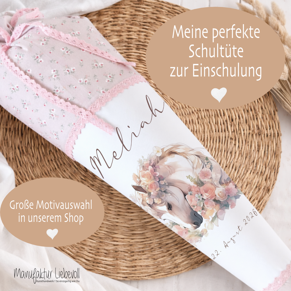Personalisierte rosa Stoff Zuckertüte Pferd Schultüte Pony für Mädchen mit Namen Einschulungstüte Einschulung Datum Blumen Füllkissen 70 cm I Optional mit Füllkissen und Spitzenschutz