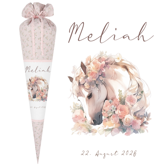 Personalisierte rosa Stoff Zuckertüte Pferd Schultüte Pony für Mädchen mit Namen Einschulungstüte Einschulung Datum Blumen Füllkissen 70 cm I Optional mit Füllkissen und Spitzenschutz