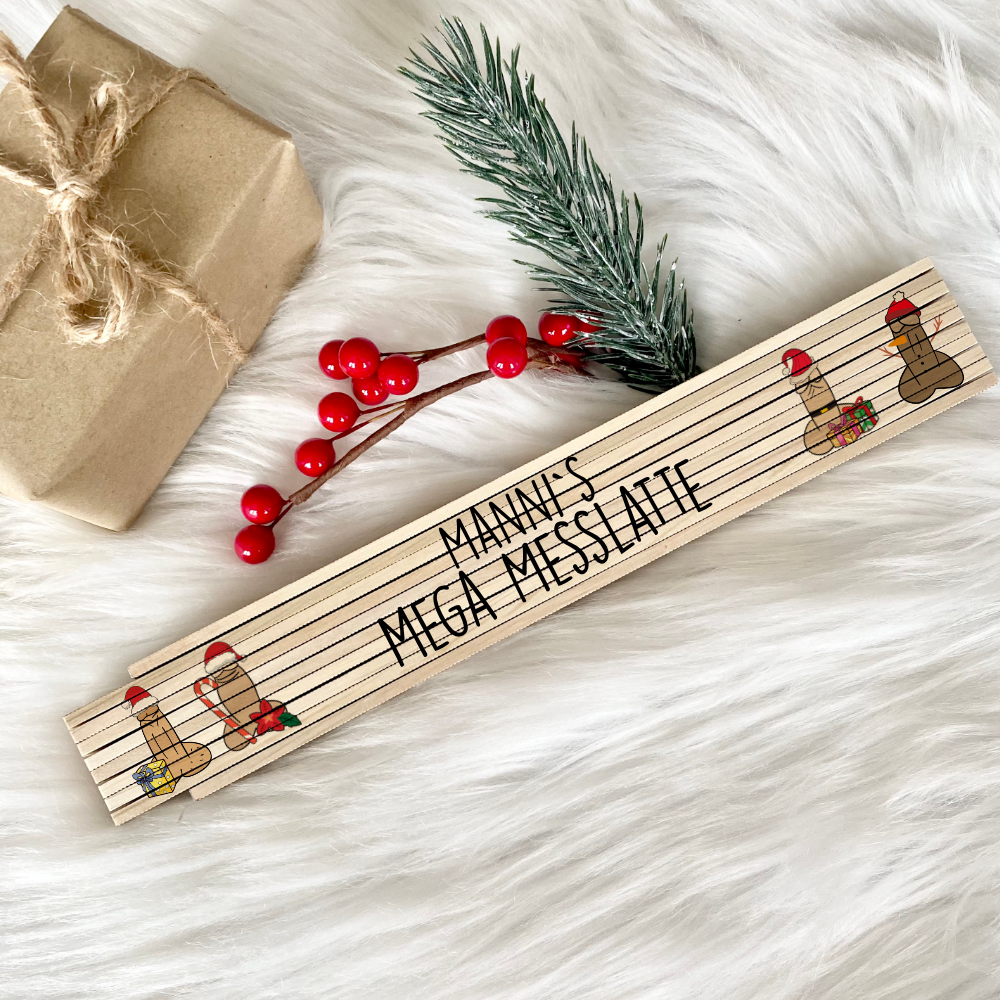 Weihnachtlicher Zollstock aus Holz mit Penismotiven, Mega Maßstab mit dem Namen, Geschenk für den Mann