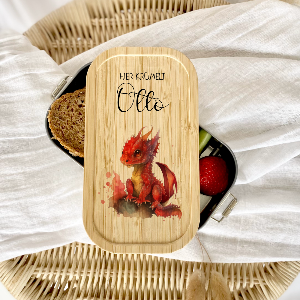 Brotdose "Roter Drache" wählbar in Edelstahl mit Bambusdeckel und Namen für Kinder | Lunchbox "Drache" | Personalisiertes Geschenk für Kinder