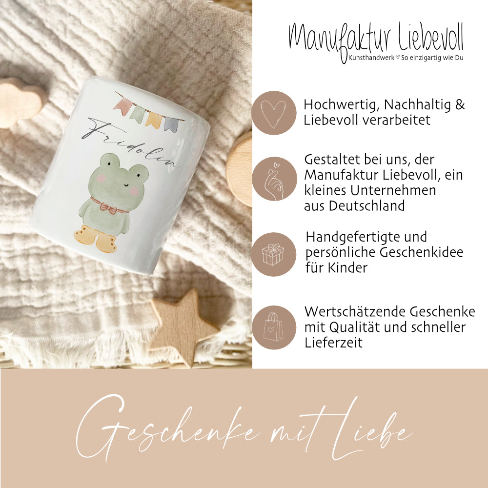 Spardose Frosch - Personalisierte Kinderspardose aus Keramik mit dem Namen des Kindes