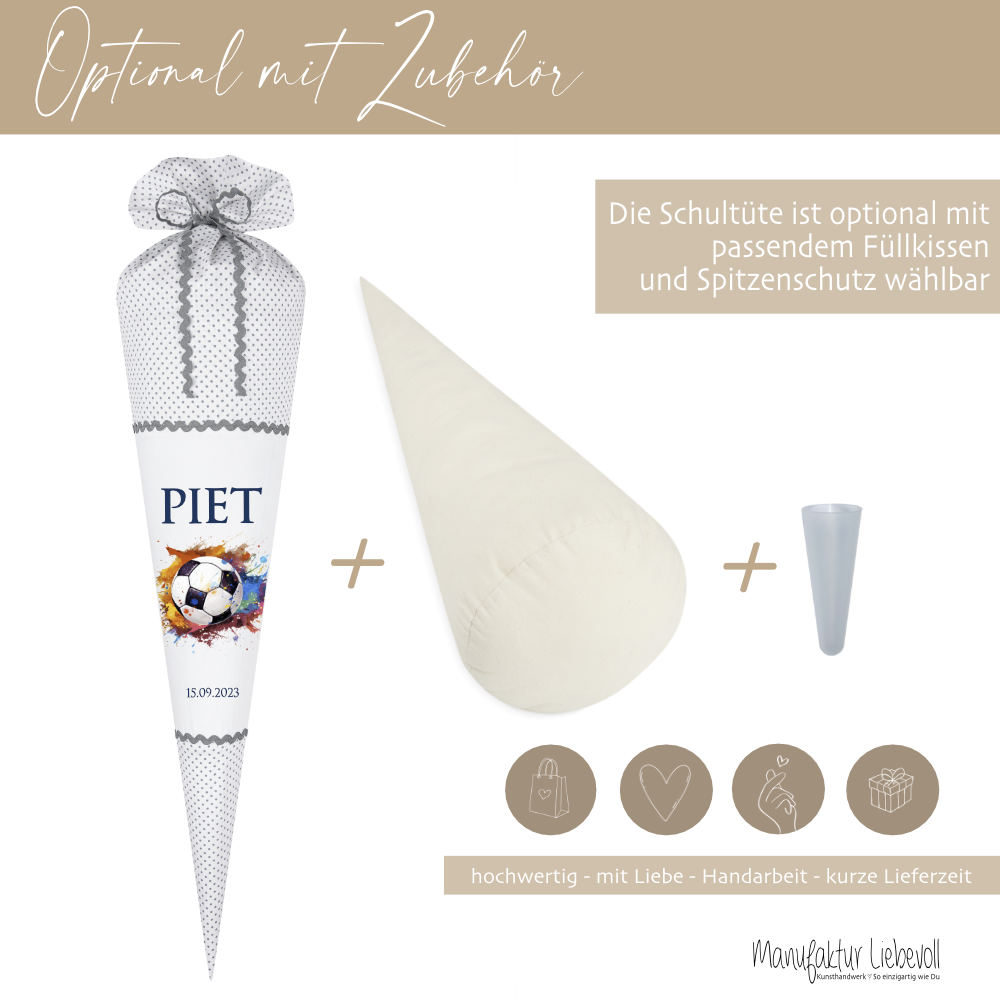 Schultüte Fußballspieler mit Namen und Foto für Jungen Personalisierte Foto Tüte aus Stoff 70 cm Zuckertüte mit Papprohling und Füllung große Tüte als Kissen