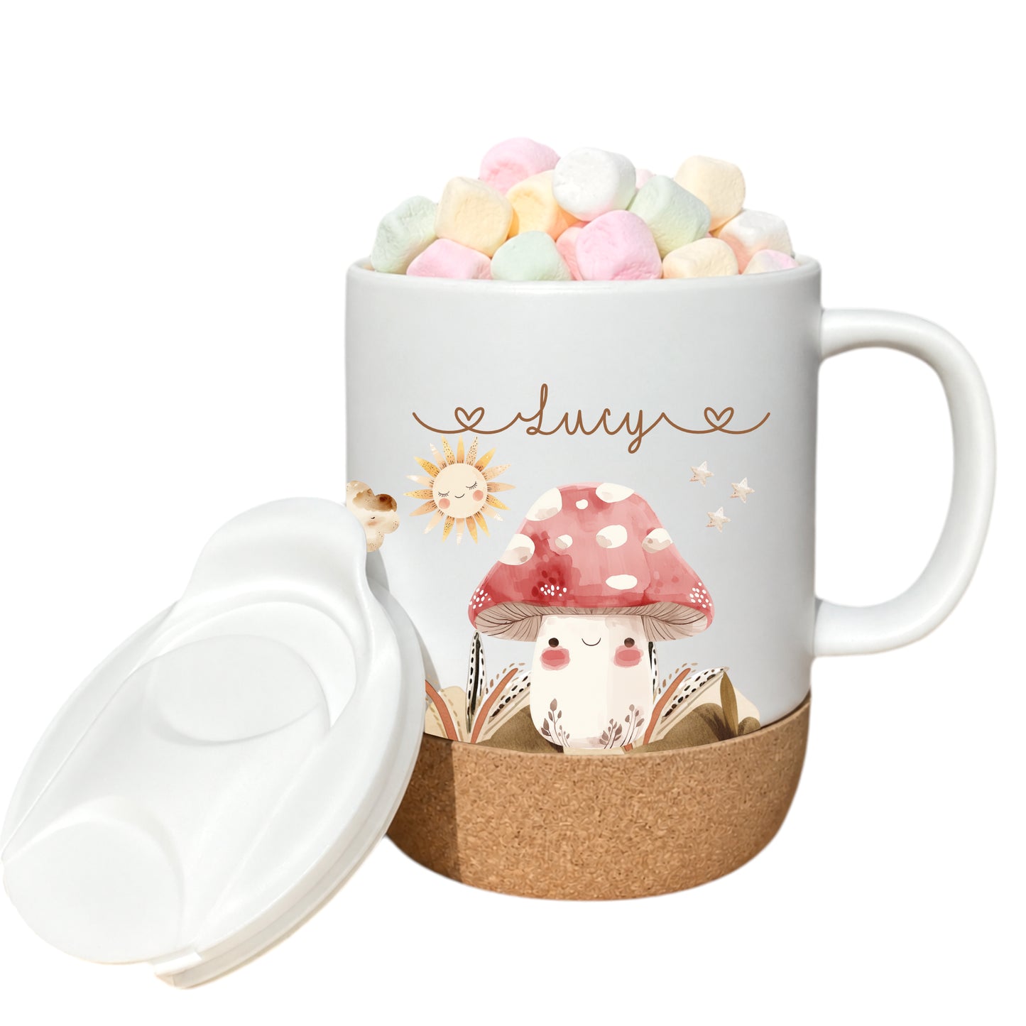 Personalisierte Kindertasse mit Namen – Keramiktasse mit Korkboden & Deckel | 14 Motive zur Auswahl
