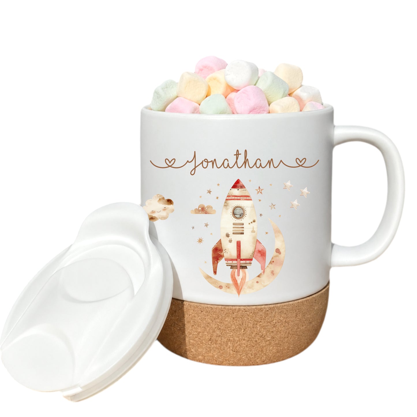 Personalisierte Kindertasse mit Namen – Keramiktasse mit Korkboden & Deckel | 14 Motive zur Auswahl