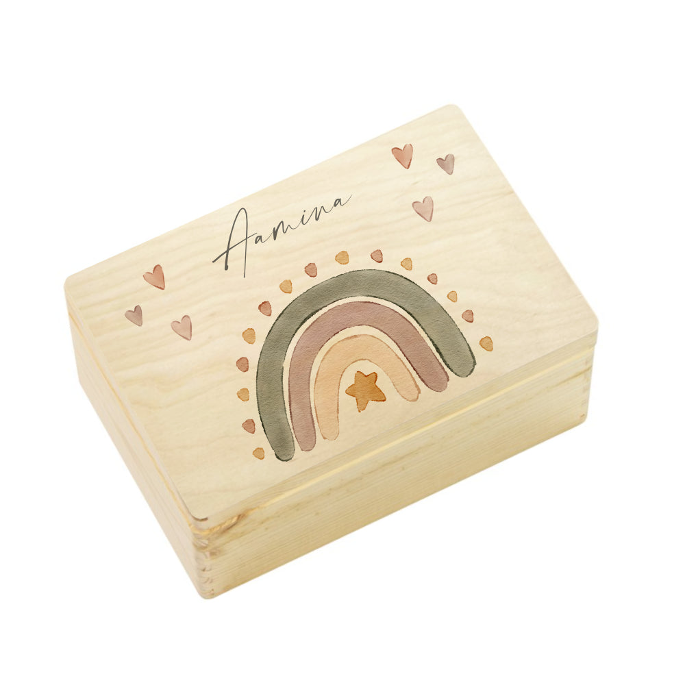Personalisierte Erinnerungsbox aus Holz, Regenbogen Holzkiste mit Namen