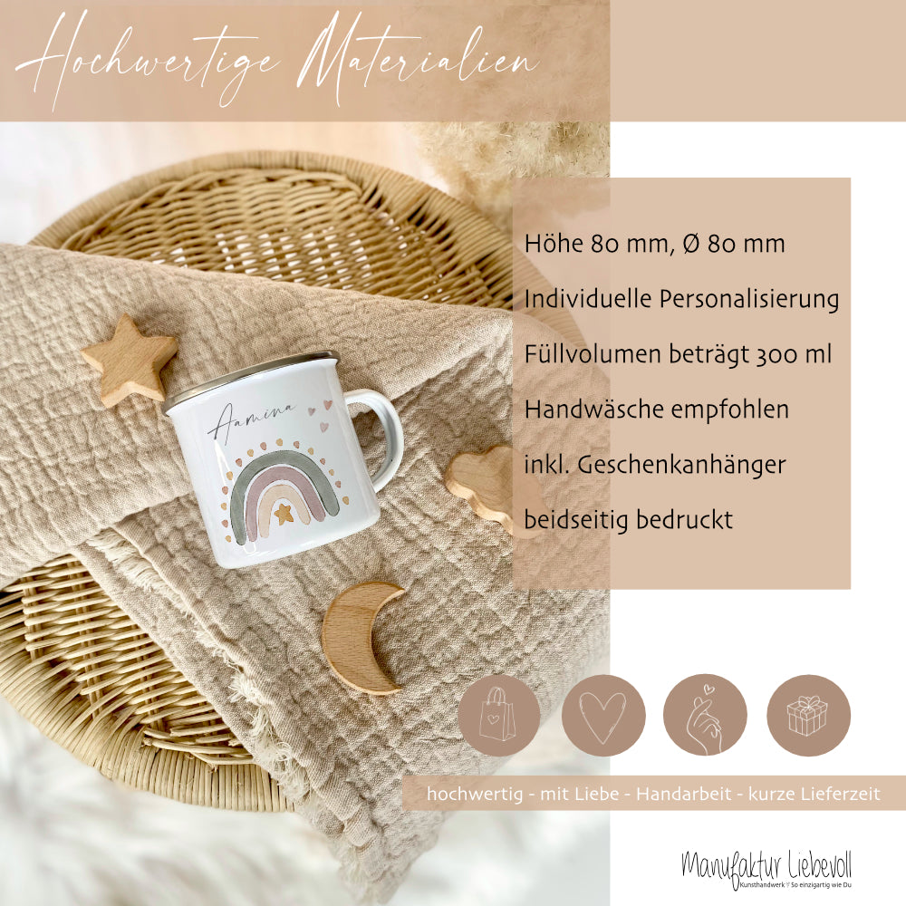 Personalisierte Kindertasse aus Emaille mit einem Regenbogen