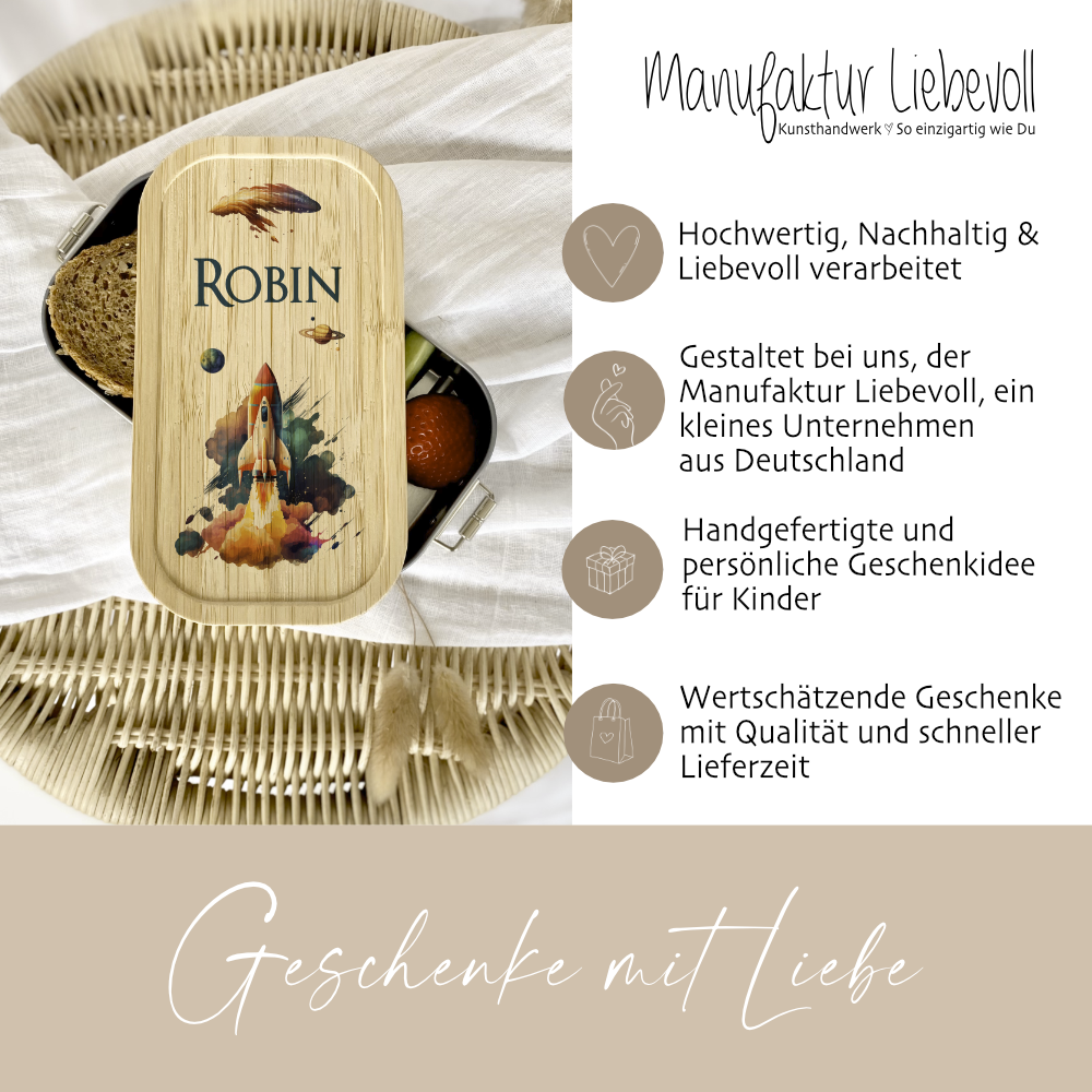 Lunchbox "Rakete" wählbar in Edelstahl mit Bambusdeckel und Namen für Kinder | Brotdose mit Weltraum Motiv | Personalisiertes Geschenk für Kinder