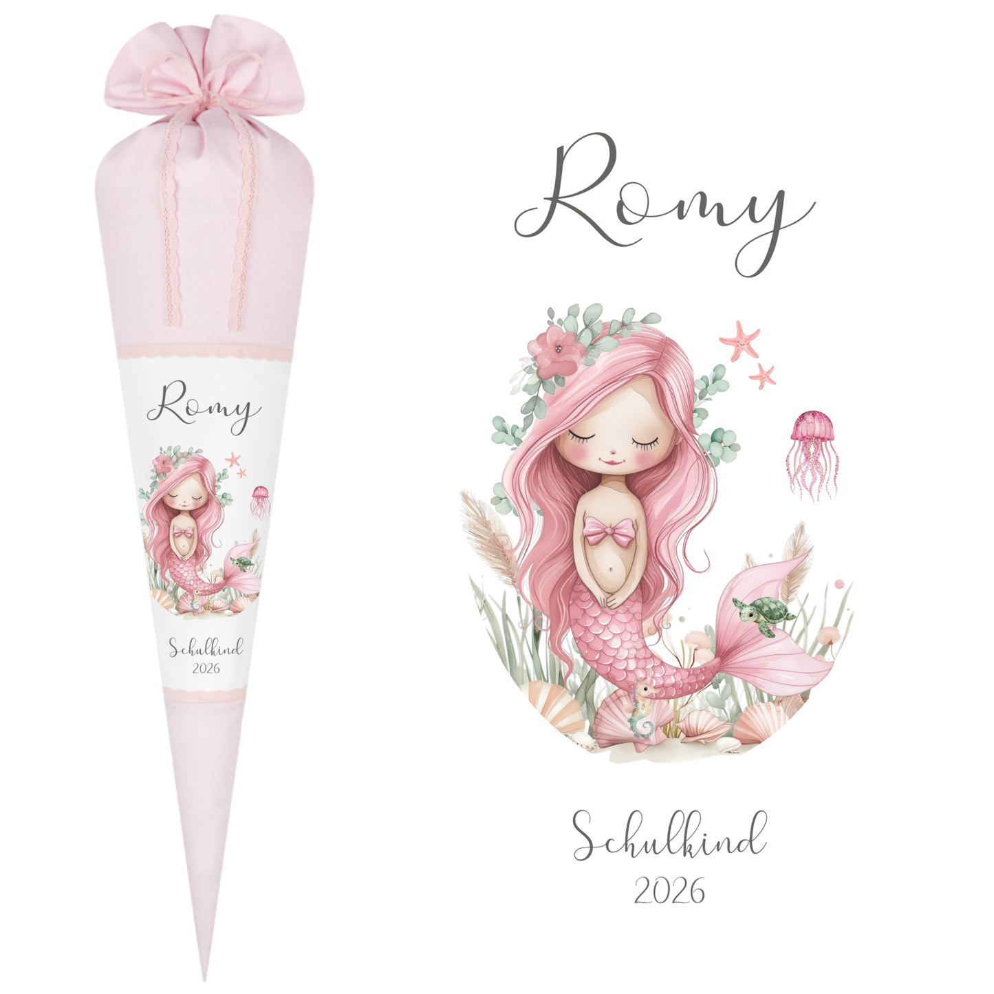 Meerjungfrau Schultüte für Mädchen rosa Zuckertüte mit Namen Einschulungstüte Einschulung Datum Füllkissen 70 cm I Optional mit Füllkissen und Spitzenschutz