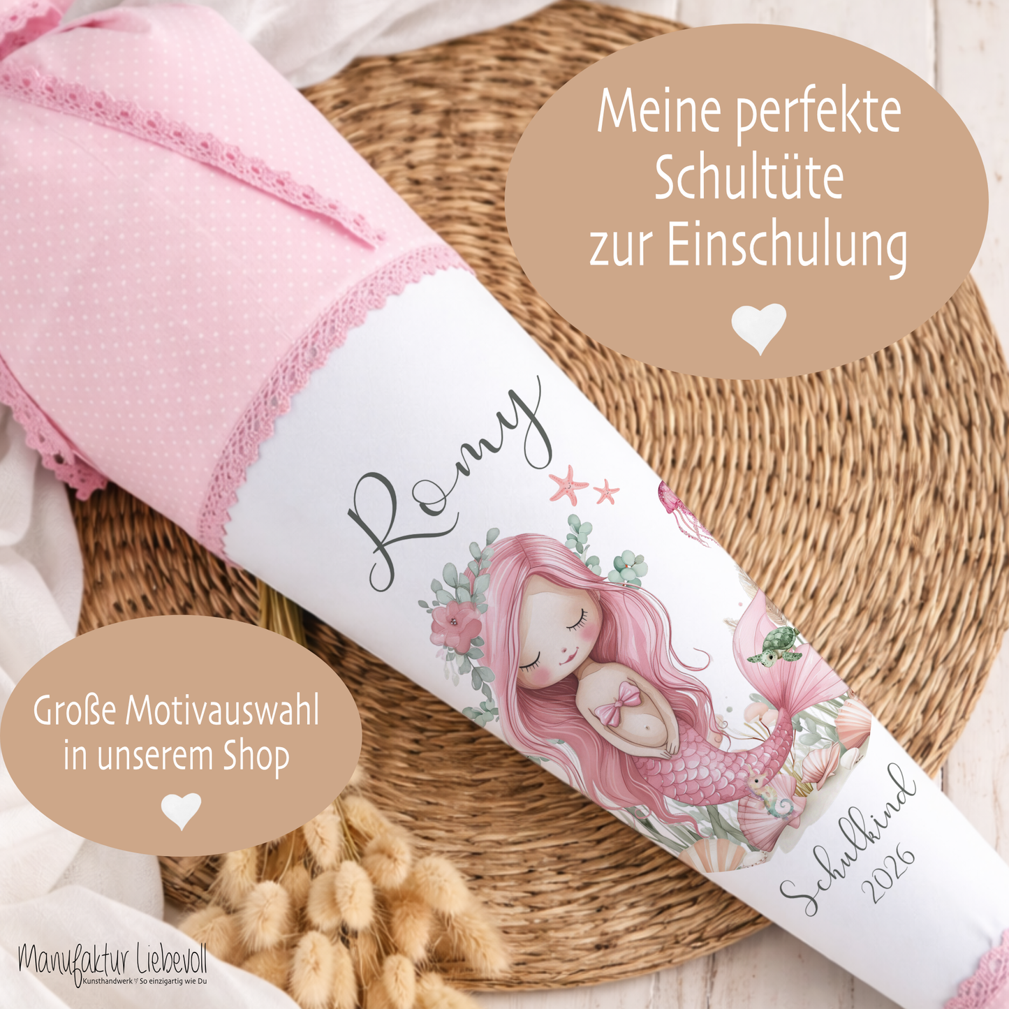 Meerjungfrau Schultüte für Mädchen rosa Zuckertüte mit Namen Einschulungstüte Einschulung Datum Füllkissen 70 cm I Optional mit Füllkissen und Spitzenschutz