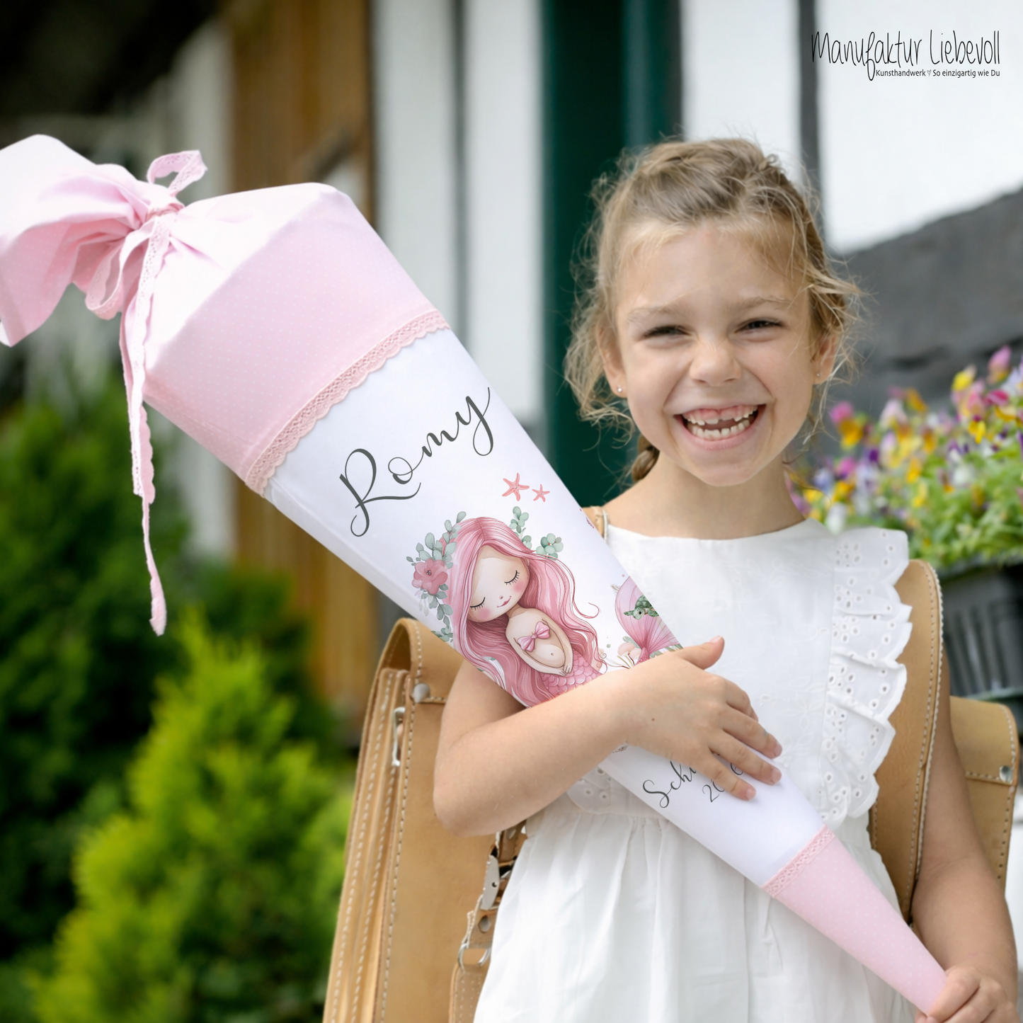 Meerjungfrau Schultüte für Mädchen rosa Zuckertüte mit Namen Einschulungstüte Einschulung Datum Füllkissen 70 cm I Optional mit Füllkissen und Spitzenschutz