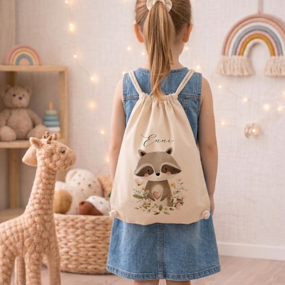 Personalisierter Kinder Turnbeutel mit Namen – Süße Waldtiere Motive im Boho-Stil – Robuster Rucksack in Canvas-Struktur für Kita & Schule