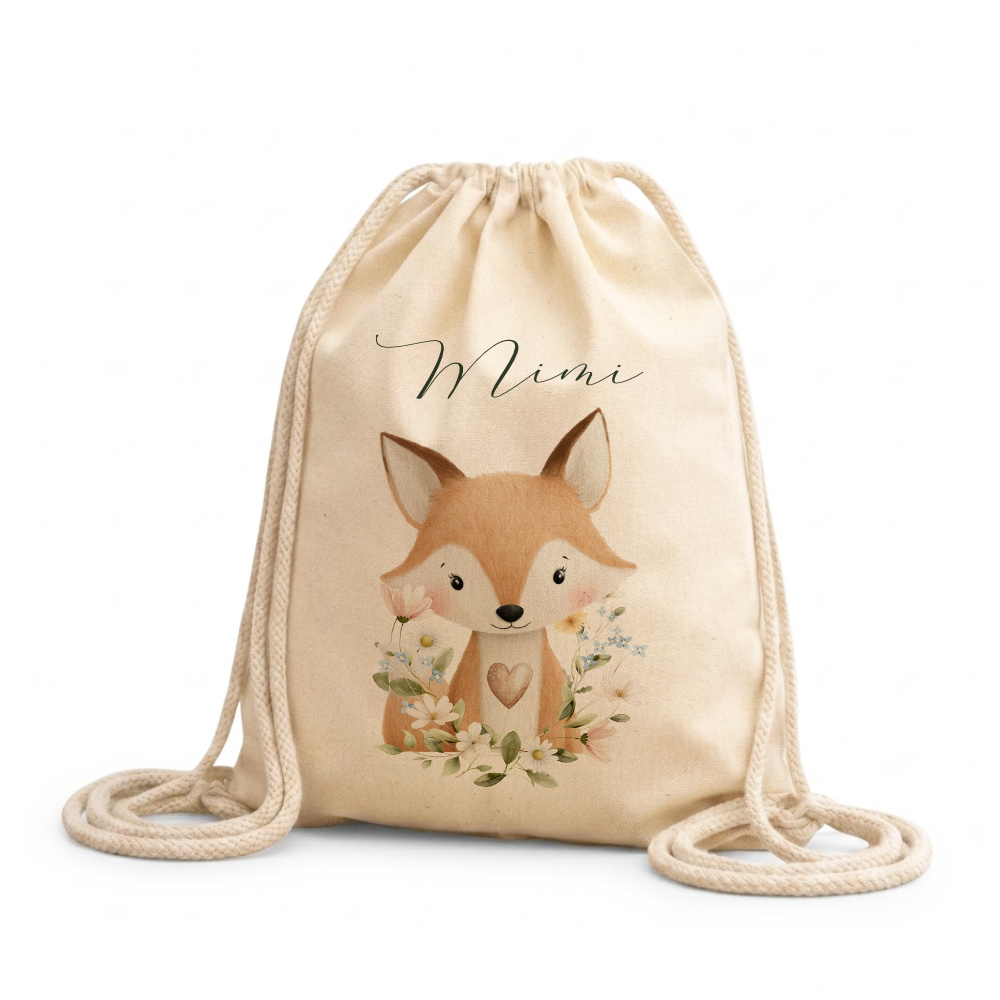 Personalisierter Kinder Turnbeutel mit Namen – Süße Waldtiere Motive im Boho-Stil – Robuster Rucksack in Canvas-Struktur für Kita & Schule