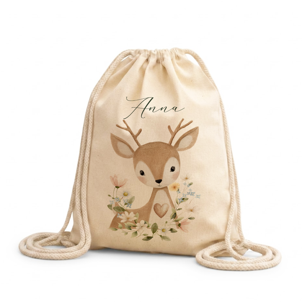 Personalisierter Kinder Turnbeutel mit Namen – Süße Waldtiere Motive im Boho-Stil – Robuster Rucksack in Canvas-Struktur für Kita & Schule