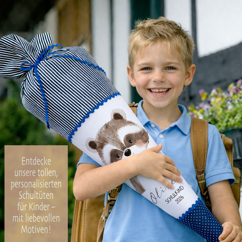 Personalisierte Stoffschultüte mit Namen & Datum – Handgenähtes Set inkl. Rohling