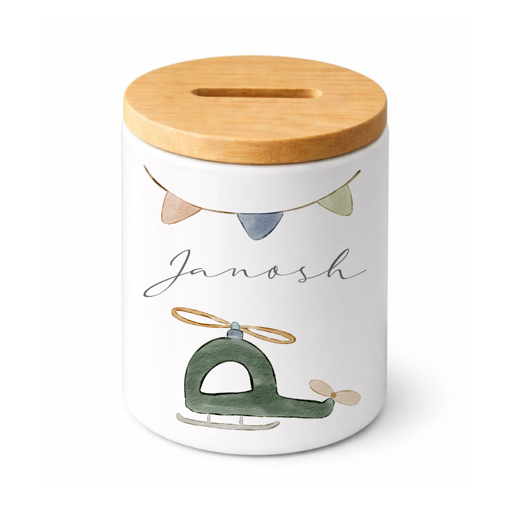 Kinderspardose mit Namen – Personalisierte Spardose aus Keramik mit Bambusdeckel