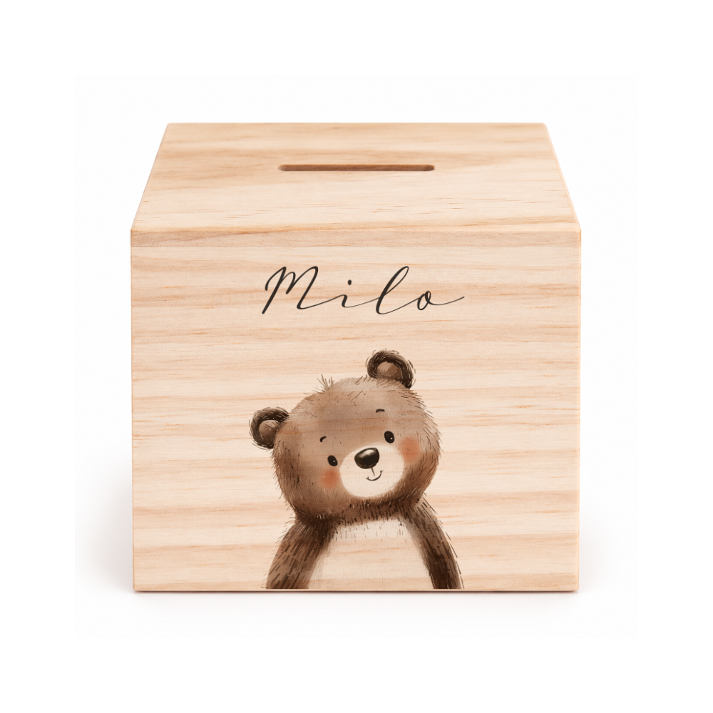 Spardose aus Holz personalisiert mit Namen – 7 Tiermotive