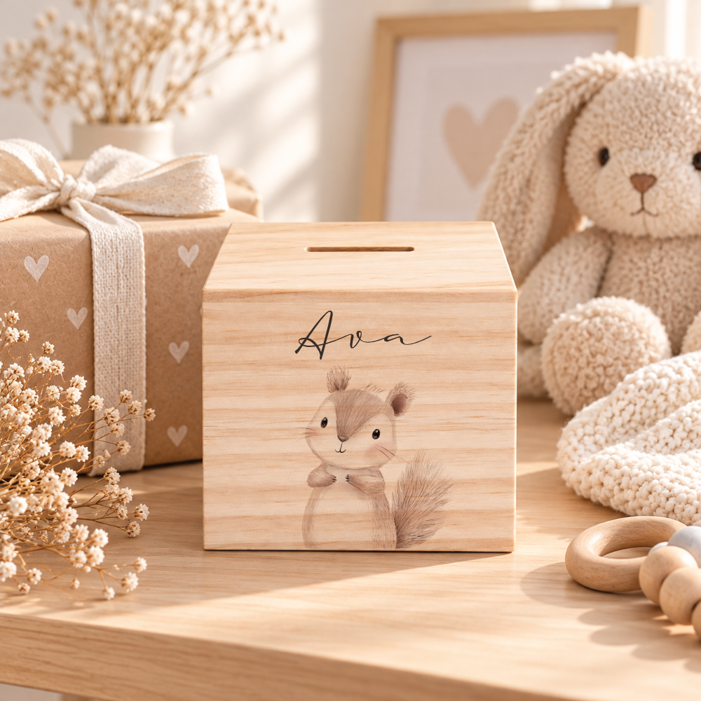 Spardose aus Holz personalisiert mit Namen – 7 Tiermotive
