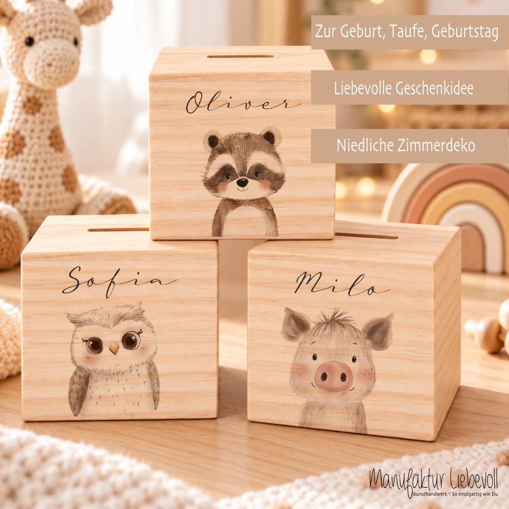 Spardose aus Holz personalisiert mit Namen – 7 Tiermotive