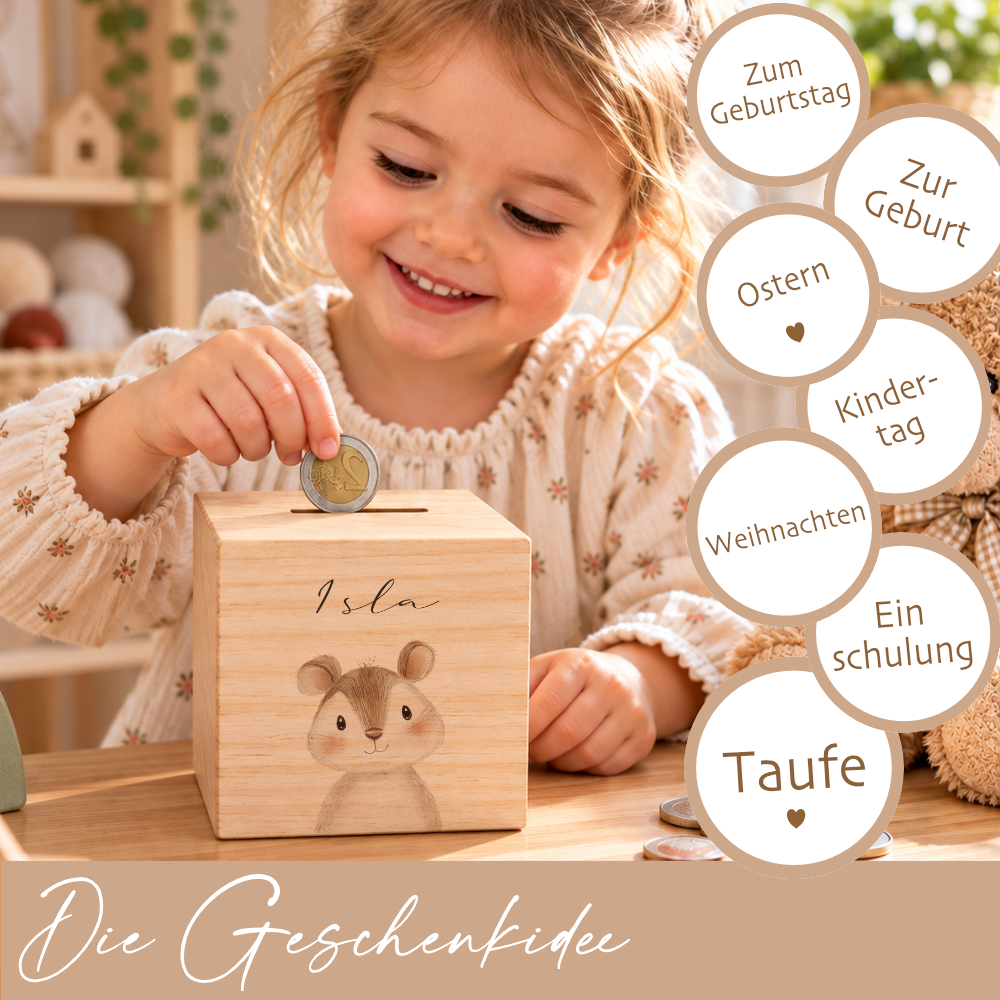 Spardose aus Holz personalisiert mit Namen – 7 Tiermotive