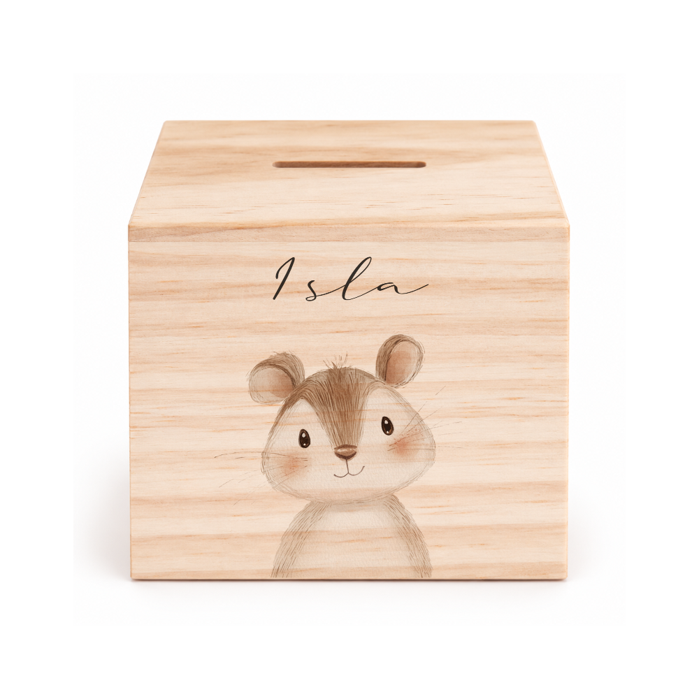 Spardose aus Holz personalisiert mit Namen – 7 Tiermotive