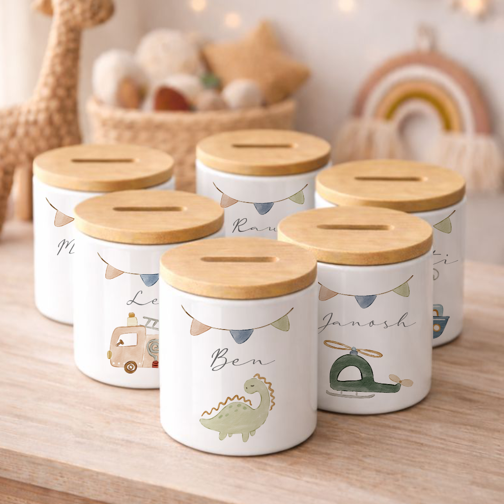 Kinderspardose mit Namen – Personalisierte Spardose aus Keramik mit Bambusdeckel