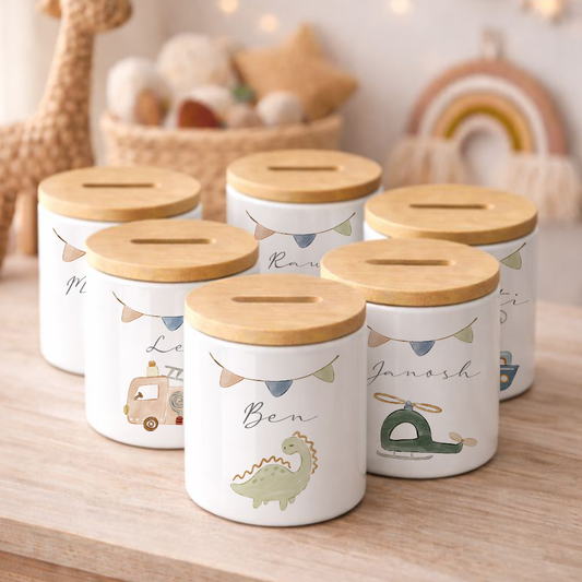 Kinderspardose mit Namen – Personalisierte Spardose aus Keramik mit Bambusdeckel