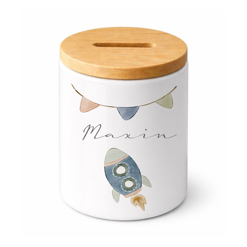 Kinderspardose mit Namen – Personalisierte Spardose aus Keramik mit Bambusdeckel
