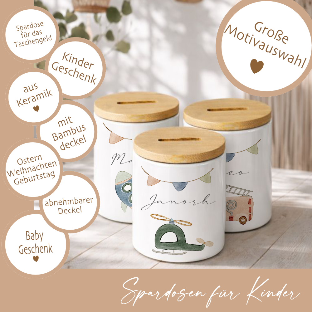 Kinderspardose mit Namen – Personalisierte Spardose aus Keramik mit Bambusdeckel