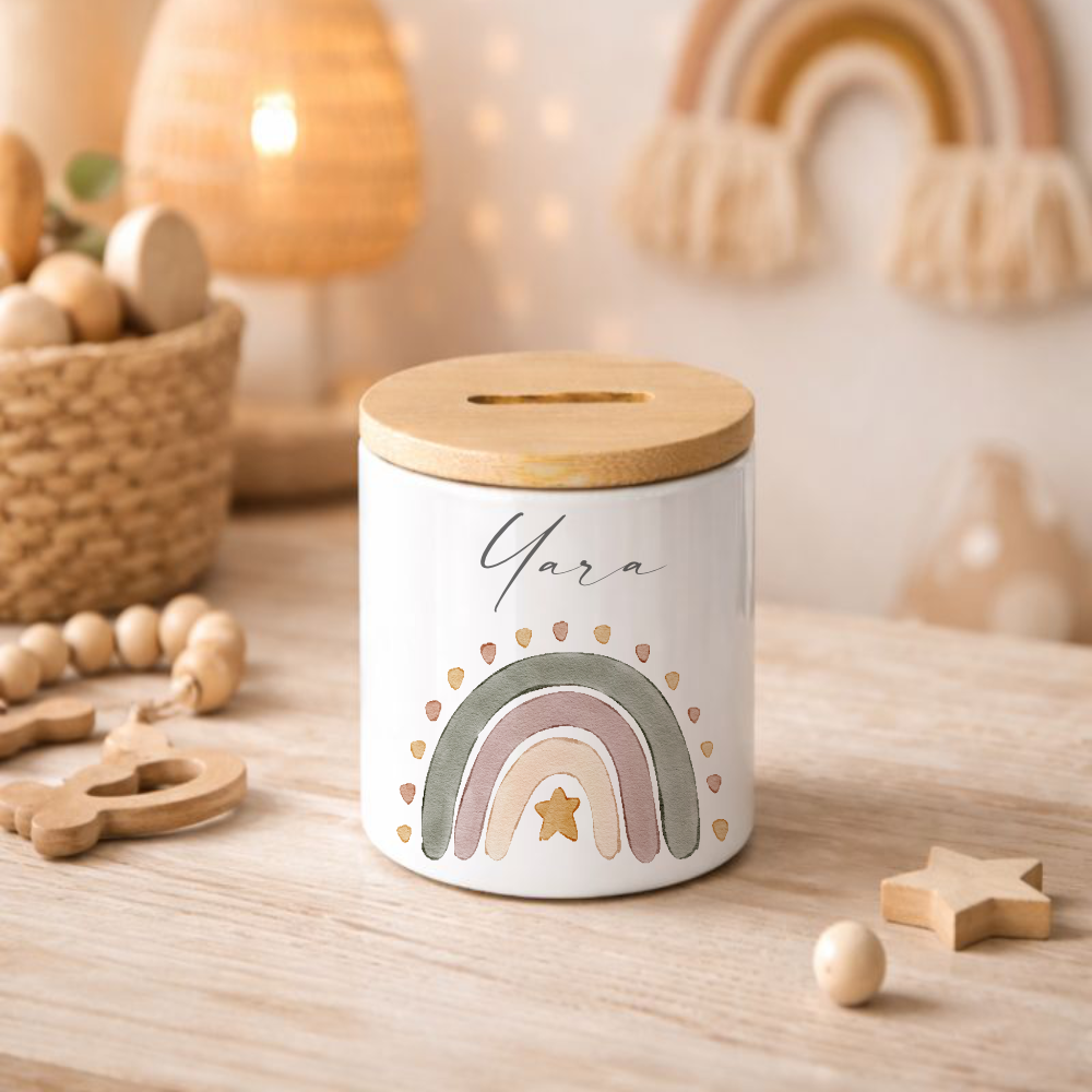 Personalisierte Spardose für Kinder aus Keramik mit Bambusdeckel – mit  Namen – 6 Motive