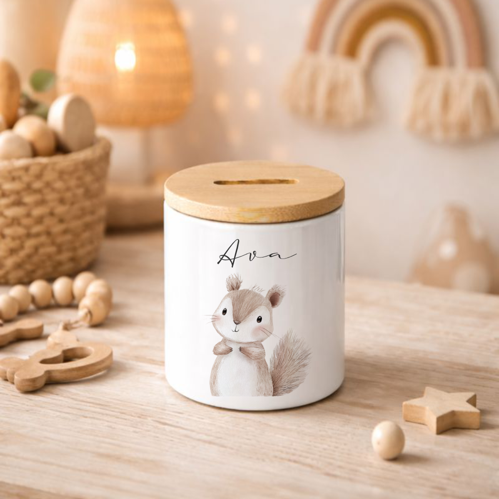 Personalisierte Kinder-Spardose aus Keramik mit Bambusdeckel – liebevolles Geschenk