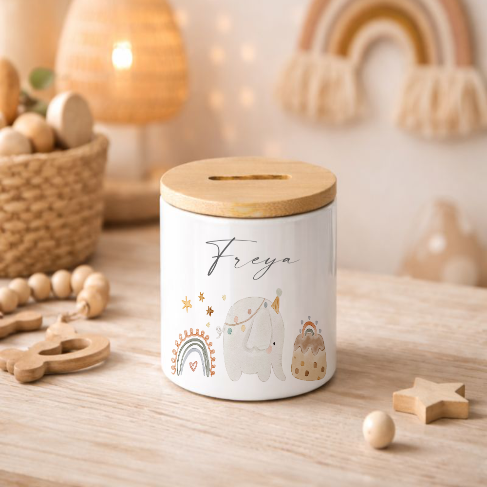 Personalisierte Spardose für Kinder aus Keramik mit Bambusdeckel – mit Namen – 6 Motive