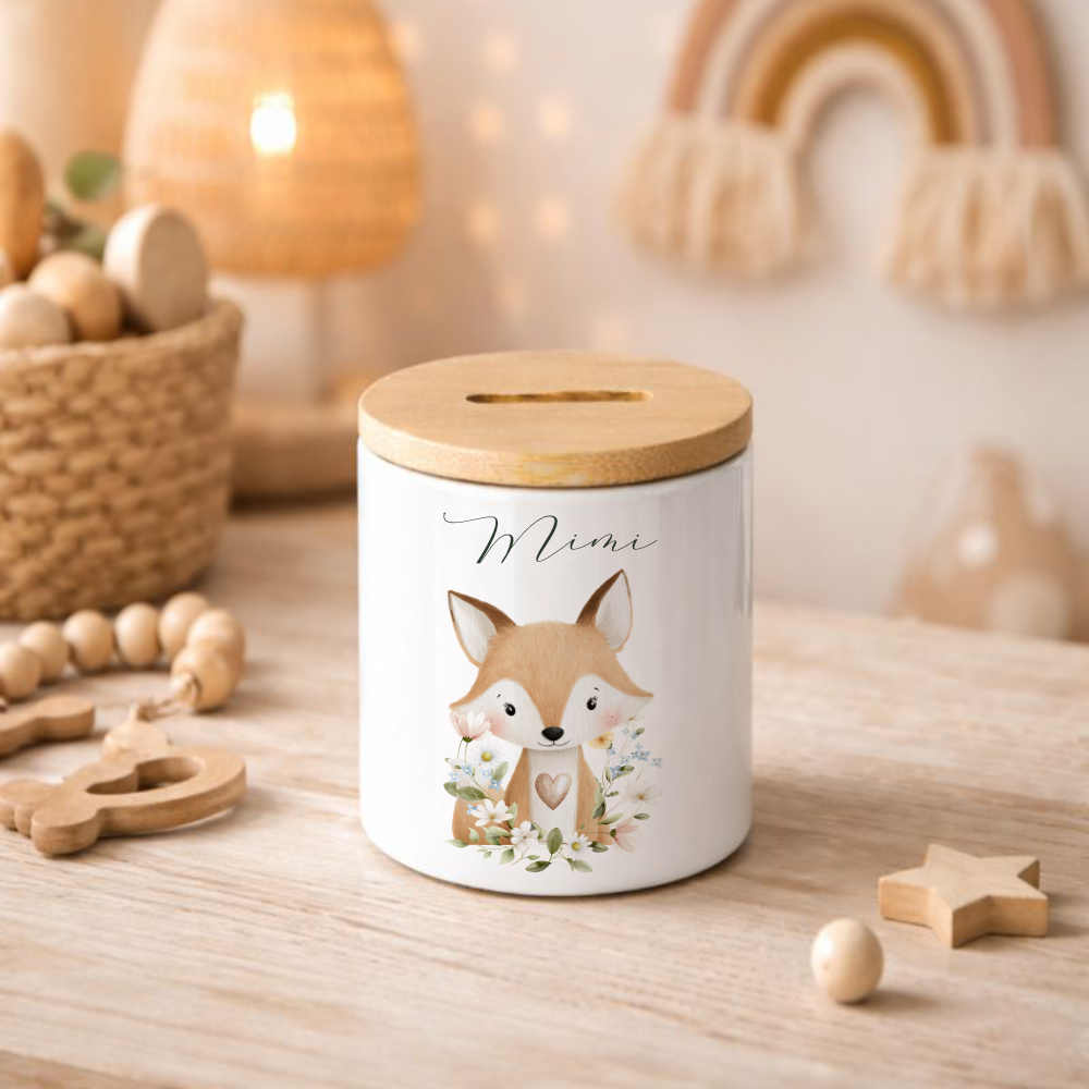 Personalisierte Spardose aus Keramik mit Bambusdeckel – Süße Waldtiere Motive im Boho-Stil – Sparbüchse mit Namen für Kinder