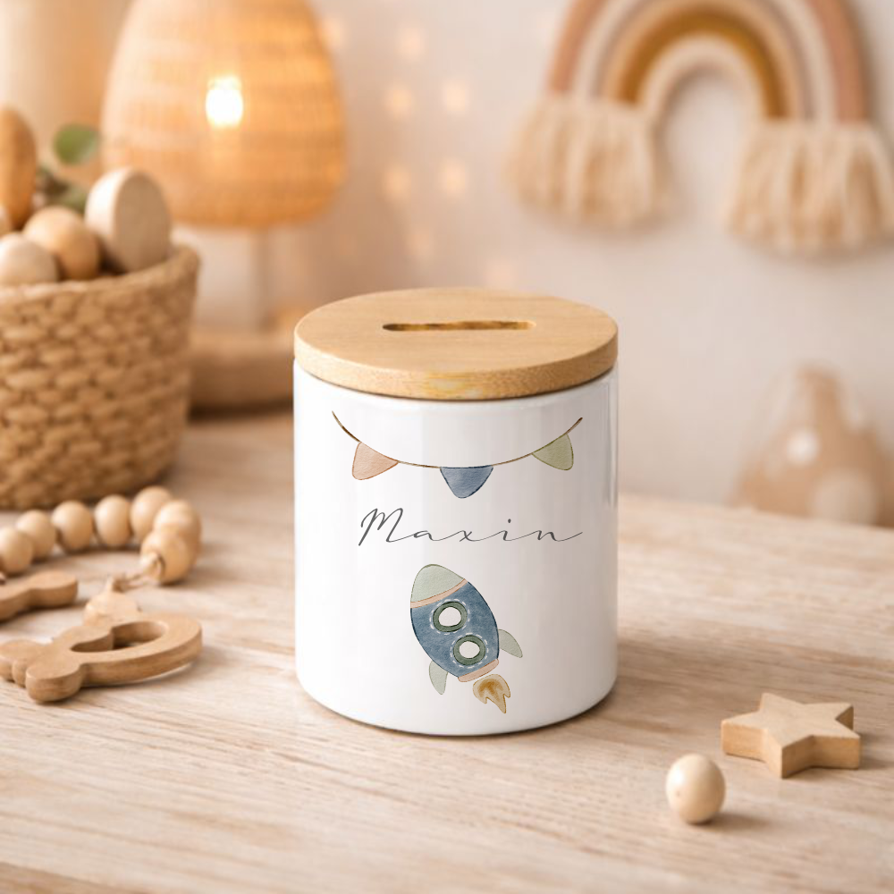 Kinderspardose mit Namen – Personalisierte Spardose aus Keramik mit Bambusdeckel
