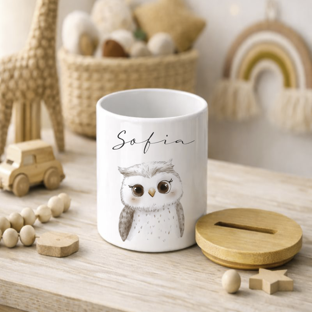 Personalisierte Kinder-Spardose aus Keramik mit Bambusdeckel – liebevolles Geschenk