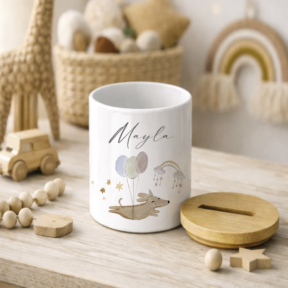 Personalisierte Spardose für Kinder aus Keramik mit Bambusdeckel – mit Namen – 6 Motive