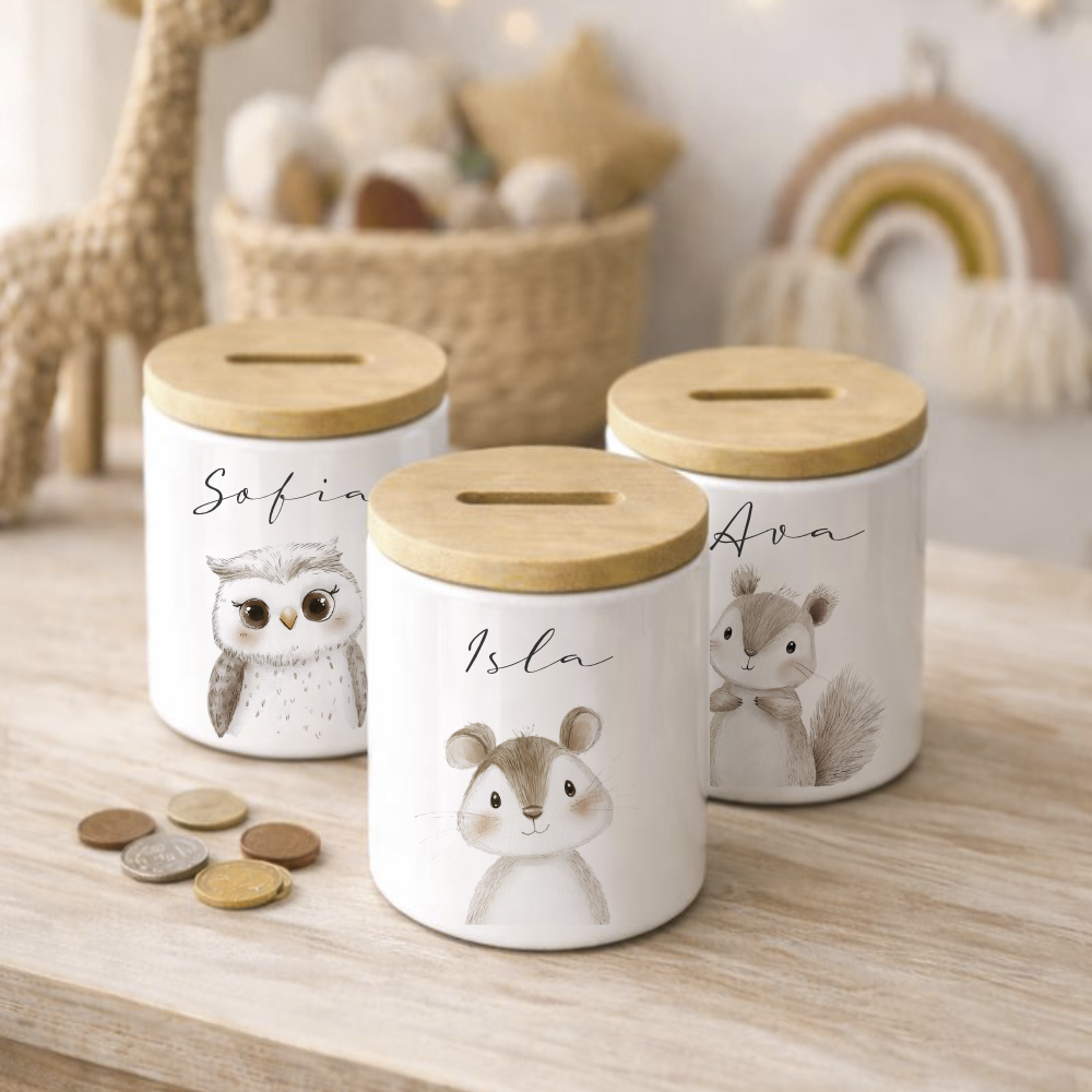 Personalisierte Kinder-Spardose aus Keramik mit Bambusdeckel – liebevolles Geschenk