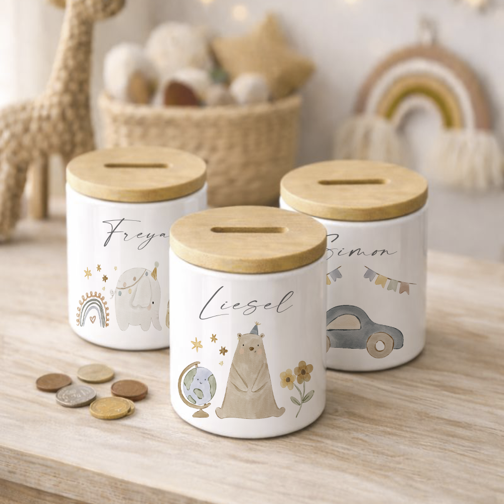 Personalisierte Spardose für Kinder aus Keramik mit Bambusdeckel – mit Namen – 6 Motive