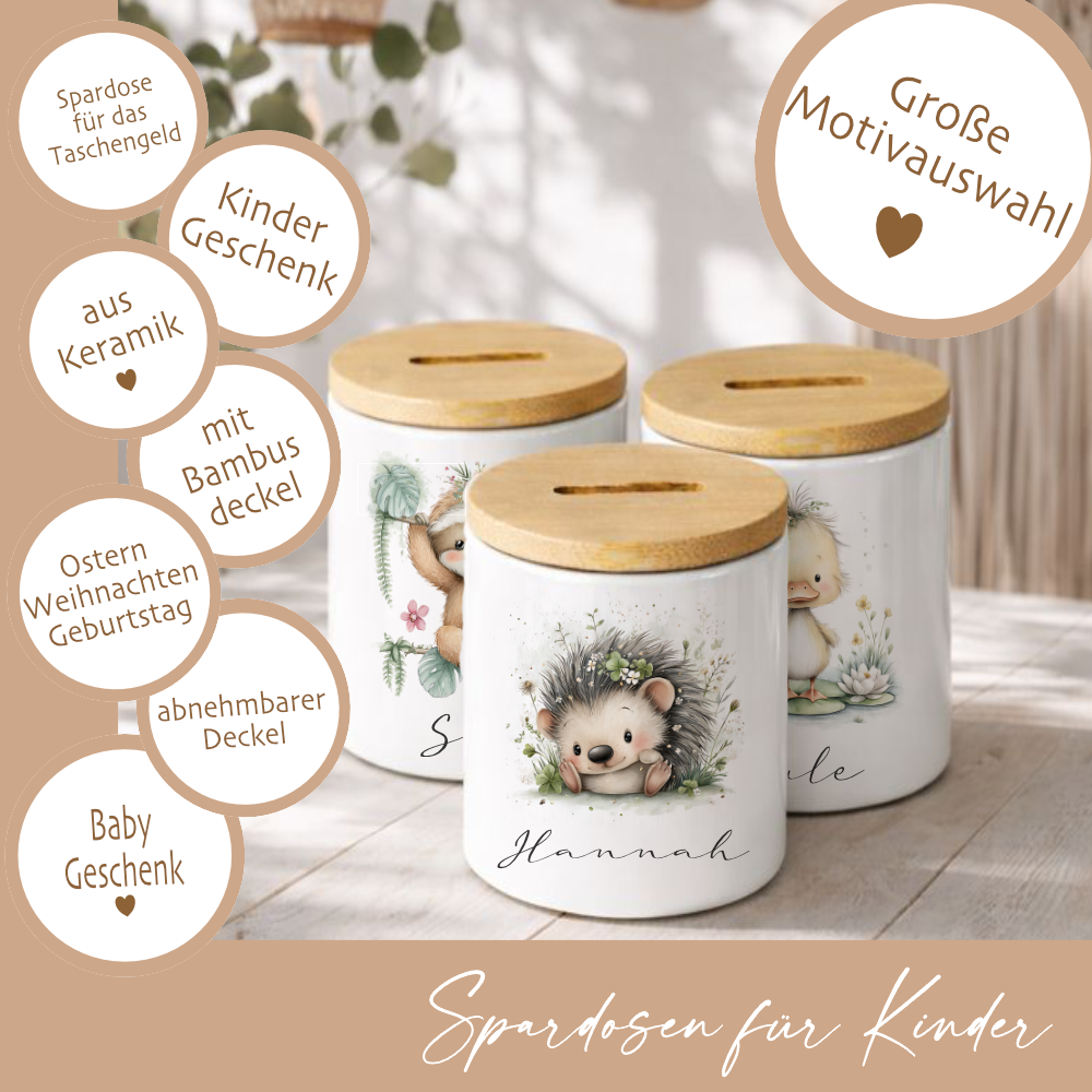 Personalisierte Keramik-Spardose mit Bambusdeckel für Kinder & Babys | Individuelles Geldgeschenk mit Namen | Motive: Igel, Faultier, Otter, Ente, Küken
