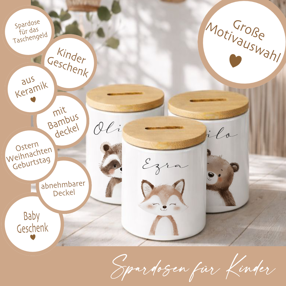 Personalisierte Kinder-Spardose aus Keramik mit Bambusdeckel – liebevolles Geschenk
